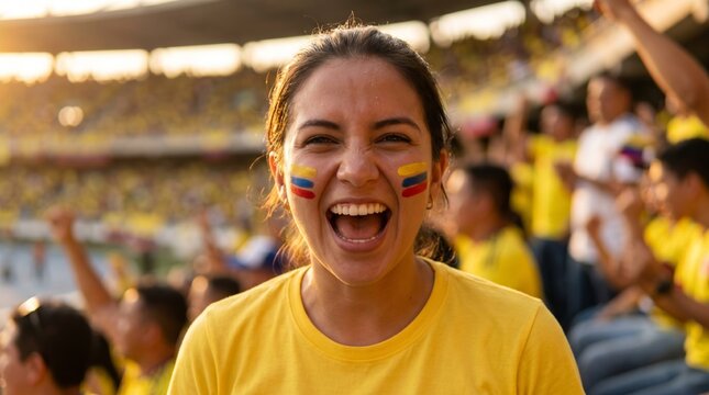 Ecstatic female Colombia football fan cheering loudly in a stadium, wearing a yellow jersey with national flag colors painted on her cheeks.