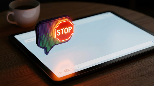 Online scam prevention alert on tablet screen with stop sign speech bubble warning users to avoid fraud