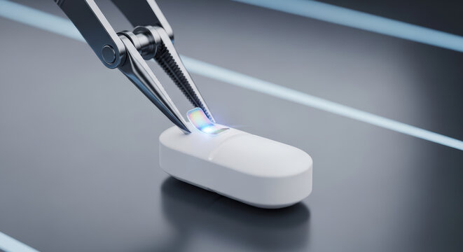 Smart personalized medicine device with ai guided robotic tweezers applying sensor patch on capsule body in clinical technology setting
