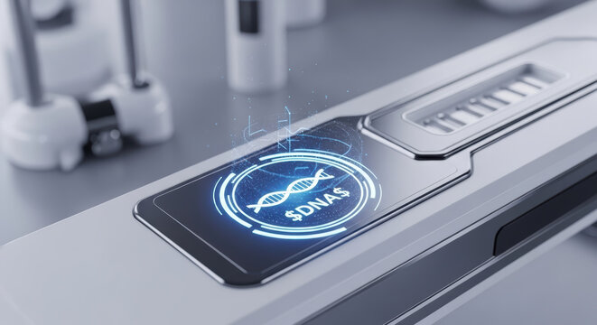 Personalized medicine ai DNA analysis concept futuristic diagnostic device holographic interface displaying genetic data with clinical laboratory