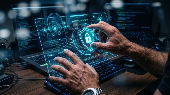Hands analyzing blockchain security on laptop with digital cybersecurity interface