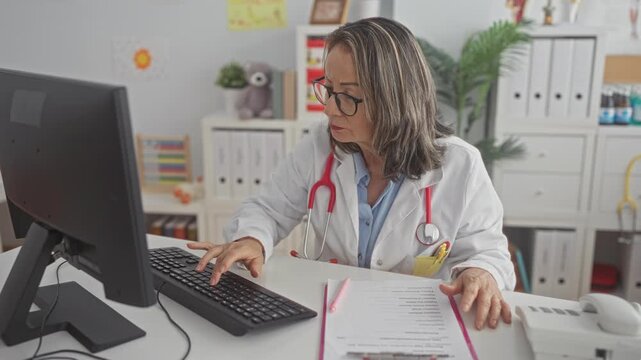 Hispanic woman doctor with grey hair and glasses typing on keyboard with fingers, organizing clipboard and papers at desk in medical building; focused care.