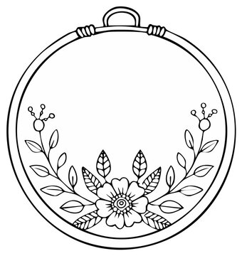 Embroidery hoop with floral and leaf design decorative border black and white line art