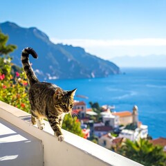 Obraz premium Brown cat on white balcony railing.