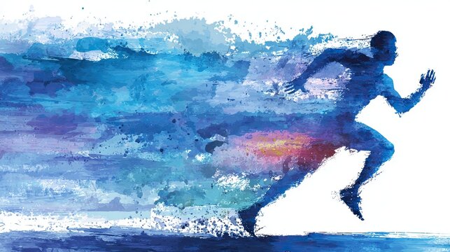 A dynamic watercolor painting of a runner in motion, blending blue and purple hues to depict speed and energy.