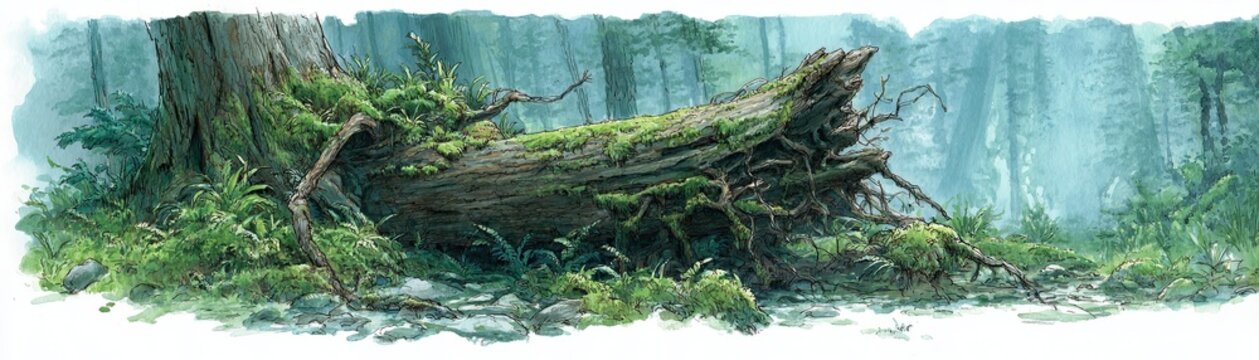 A fallen, moss-covered tree lies on the forest floor surrounded by rocks and dense, misty woodland in the background.
