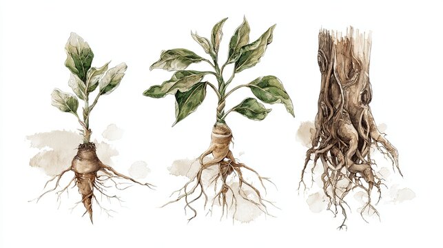 Illustration showing three stages of a plant"s root and stem growth, highlighting development from sprout to mature root structure.