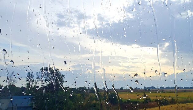 Blurry landscape view through dirty window.