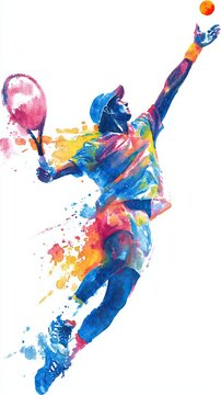 A vibrant watercolor painting of a tennis player leaping to serve the ball, bursting with dynamic colors and energetic brushstrokes.