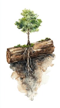 A detailed illustration of a young tree growing from a fallen log, with visible roots extending into the soil beneath.
