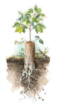 A detailed illustration of a young tree growing from a stump, showing both the leafy branches above ground and the extensive root system below.