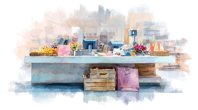 A watercolor-style digital painting of a modern retail checkout counter with shopping bags, flowers, and a cash register in a softly colored store setting.