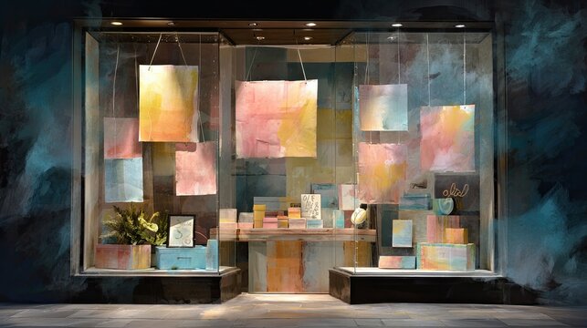 A colorful art gallery window display featuring pastel abstract paintings and art supplies on wooden shelves against a dark, textured backdrop.