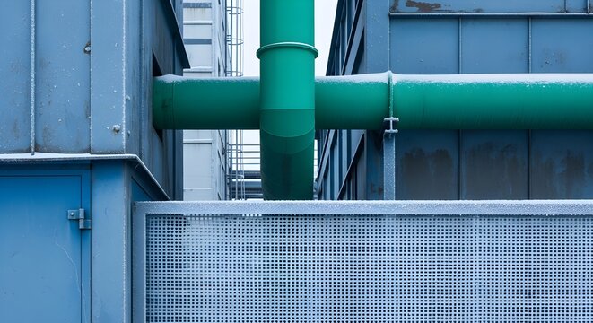 Green Pipe System On An Industrial Building Exterior With Snow