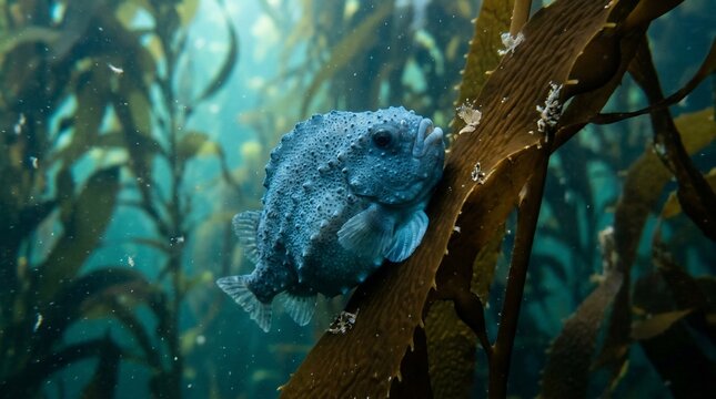 A rare blue lumpfish resting on a kelp stalk underwater.