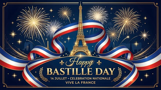 Bastille Day celebration with Eiffel Tower and fireworks illustration