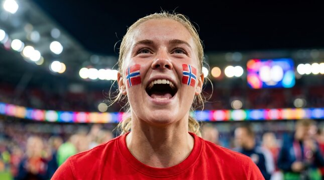 Excited female Norway soccer fan cheering enthusiastically in a stadium, showing Norwegian flag face paint on her cheeks.