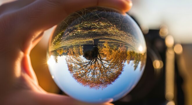 Hand holding crystal ball with inverted landscape.