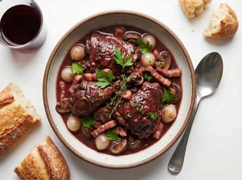 A bowl of traditional French coq au vin with chicken bacon mushrooms and pearl onions in red wine sauce