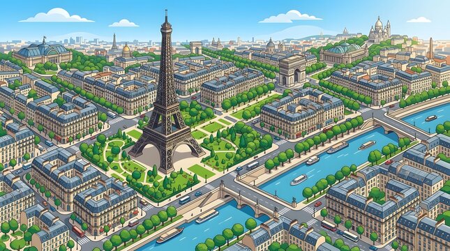 Illustrated aerial view of Paris with Eiffel Tower and Seine River