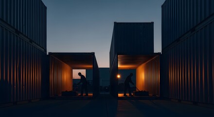 Obraz premium Two Workers In Uniforms Moving Containers At Dusk