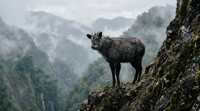 A rare Japanese serow standing on a rocky mountain ledge in the mist.
