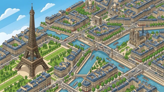 Illustrated aerial view of Paris with Eiffel Tower and Seine River