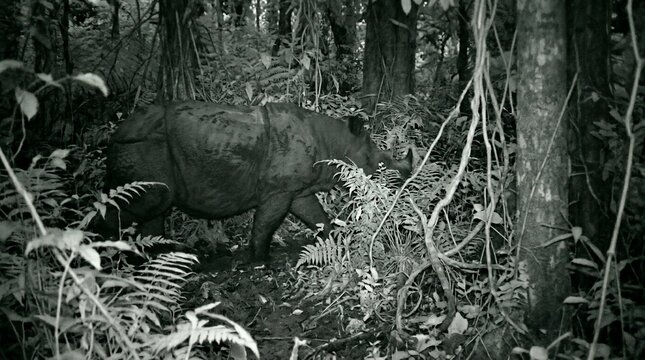 A rare Javan rhinoceros captured by a camera trap in a dense jungle.