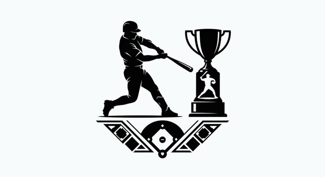Baseball player silhouette swinging bat with trophy and field emblem