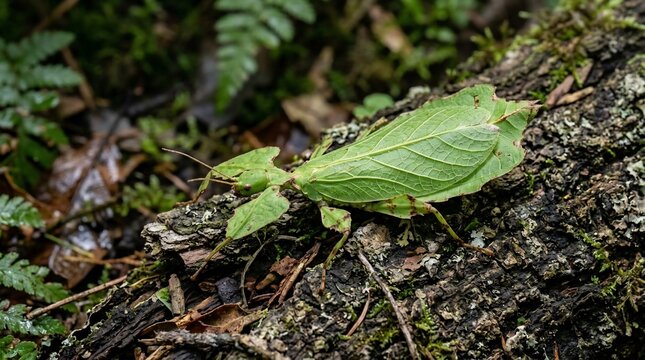 A rare leaf insect camouflaged on a textured tree branch in the forest.