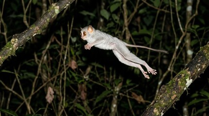Fototapeta premium A rare nocturnal lemur leaping through the dark rainforest canopy at night.
