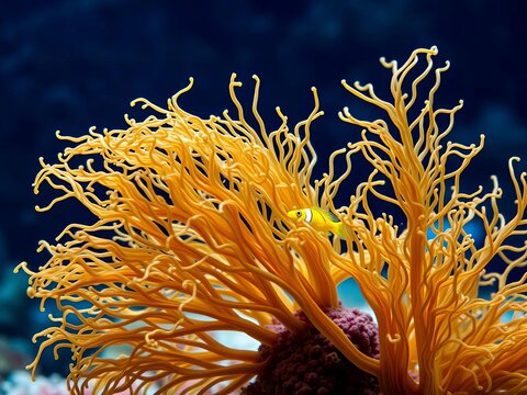 Wavy sea fan sways in the current, with a vibrant yellow and blue Symphodus sp hiding amidst its delicate tendrils, colorful, underwater