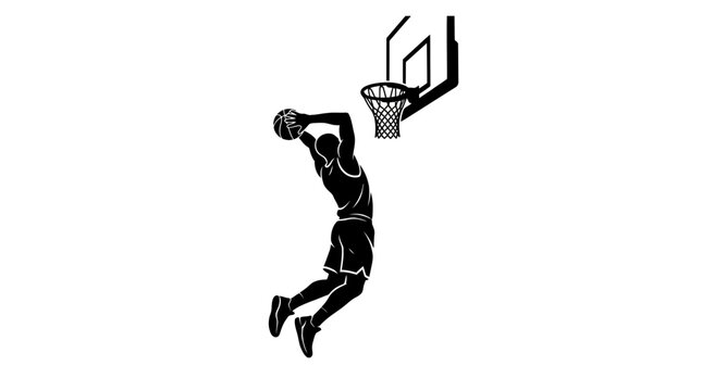 Silhouette of a basketball player dunking a ball into the hoop