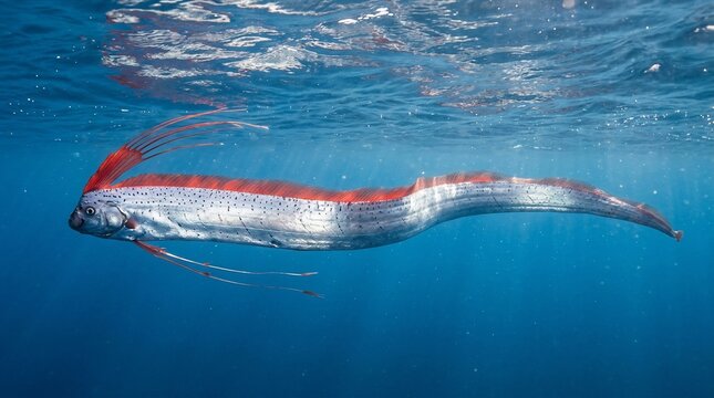 A rare oarfish swimming in deep blue ocean water.