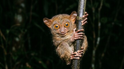 Fototapeta premium A rare Philippine tarsier clinging to a branch in the dark forest at night.