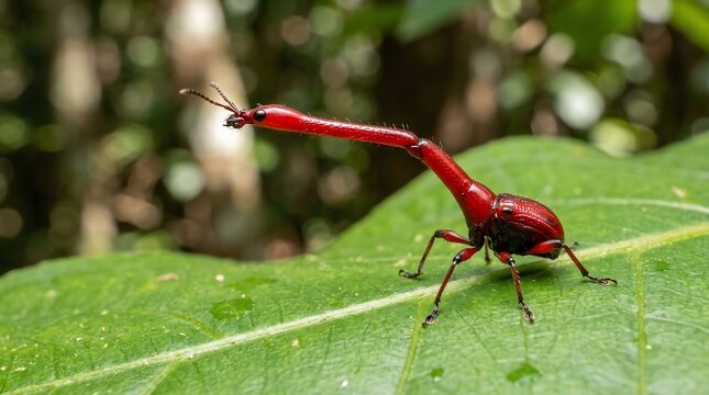 A rare red giraffe weevil perched on a green leaf in nature.