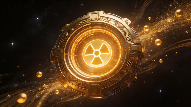 Golden futuristic portal in space ideal for sleek commercial backgrounds and title sequences