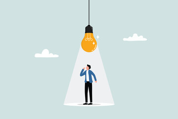 Innovation, creativity or imagination for business success, thinking about idea, solution to solve problem or brainstorm concept, smart businessman thinking under inspired bright light bulb. © NASIH