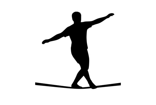Silhouette of a person balancing on a slackline against a white background