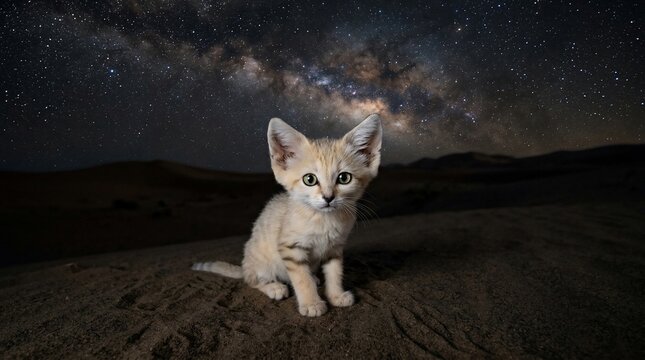 A rare sand cat kitten sitting in the desert under the milky way galaxy.
