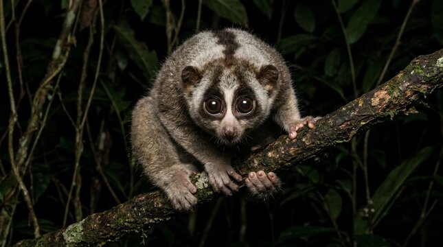 A rare Sunda slow loris looking directly at the camera while perched on a tree branch in the dark tropical rainforest at night.