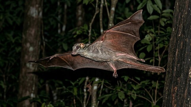 A rare Sunda flying lemur gliding through the dark rainforest at night.
