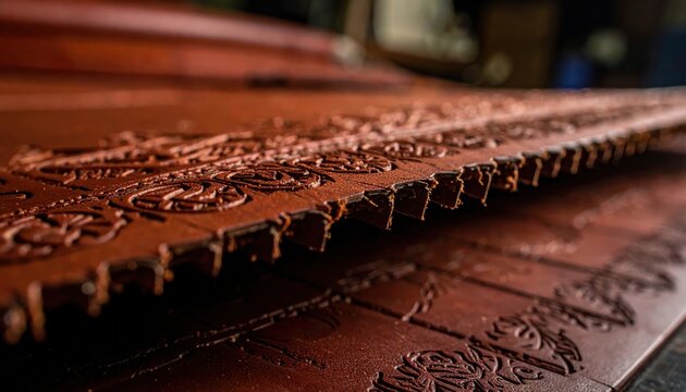 Intricately tooled and embossed leather surface showing detailed craftsmanship and design