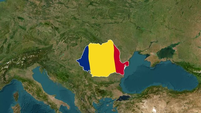 animated map graphic showing Romania's borders with its flag superimposed over Europe