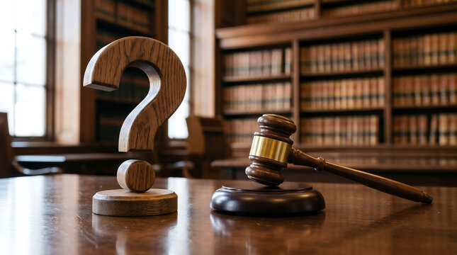 Law, justice, question mark, gavel, courtroom, wooden desk, legal system, judiciary