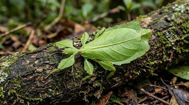 A remarkable leaf insect camouflaged on a mossy log in the forest.