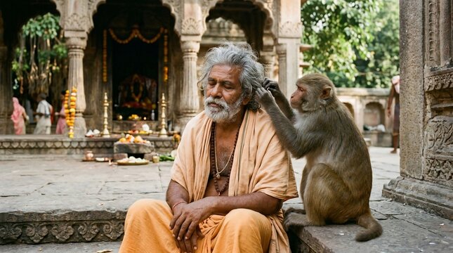 A sadhu sitting at an ancient Indian temple while a monkey grooms his hair.