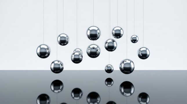 Suspended Metallic Spheres Reflecting Light in Abstract Composition