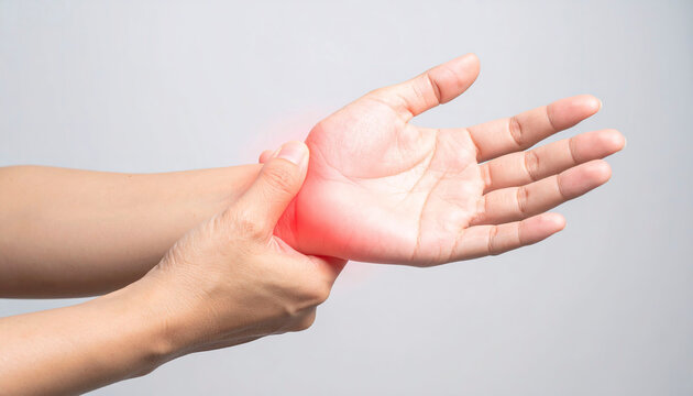 Healthcare-focused image showing painful hand joints and inflamed regions emphasized in red.