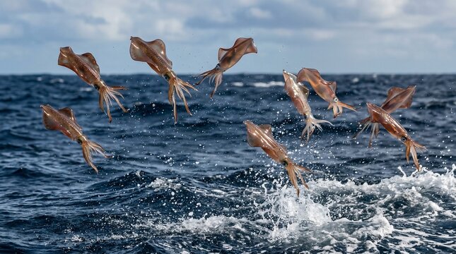 A school of flying squid leaping above the ocean surface.